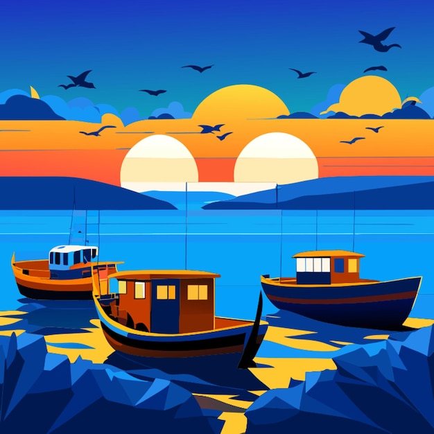 Ilustración vectorial de barcos de pesca en el mar y el cielo azul