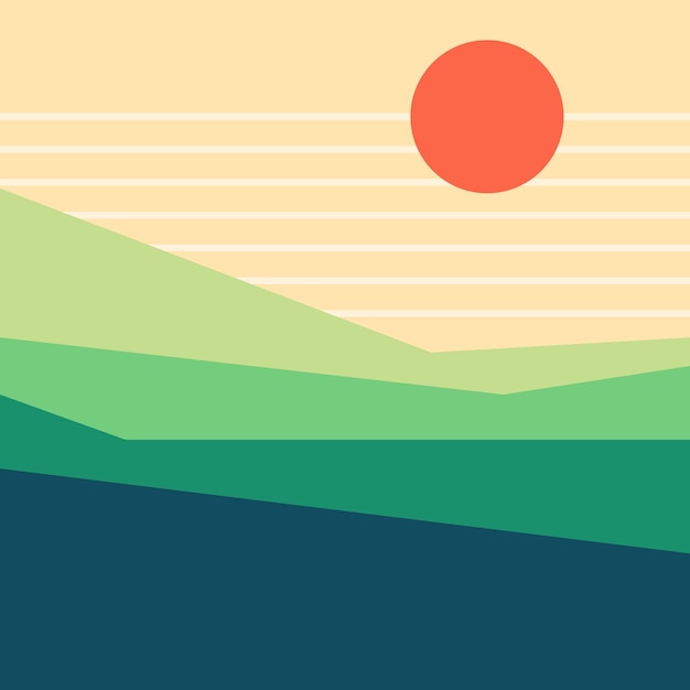 Ilustración vectorial Bauhaus Gráfico moderno de mediados de siglo años 70 retro o vintage Paisaje minimalista Formas abstractas sol y montaña