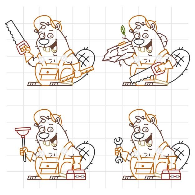 Ilustración vectorial, Beaver Master Doodle en diferentes versiones 1, formato EPS 10