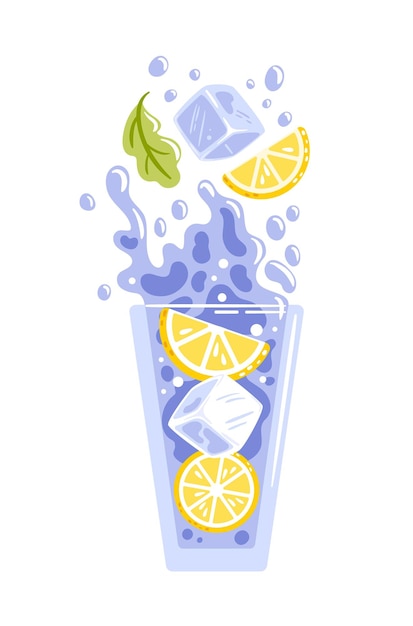 Ilustración vectorial de una bebida refrescante en un vaso transparente rebanadas de limón jugoso y cubitos de hielo animados