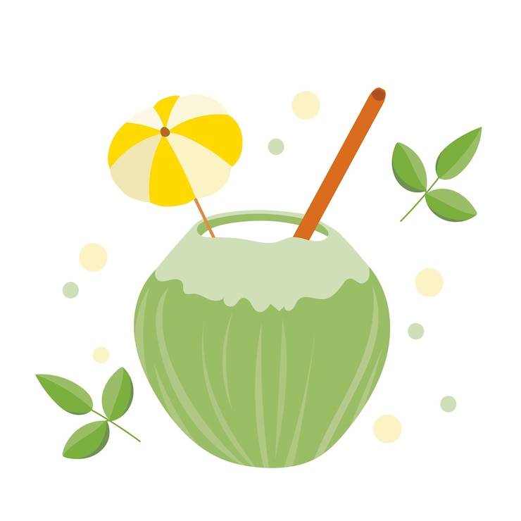 Vector ilustración vectorial de una bebida de verano en un coco verde fresco con una paja un paraguas de papel y