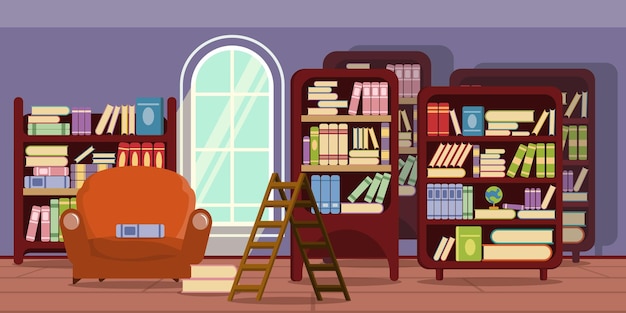 Ilustración vectorial de la biblioteca interior moderna del hogar interior de dibujos animados con estantes de libros antiguos sillón de escaleras