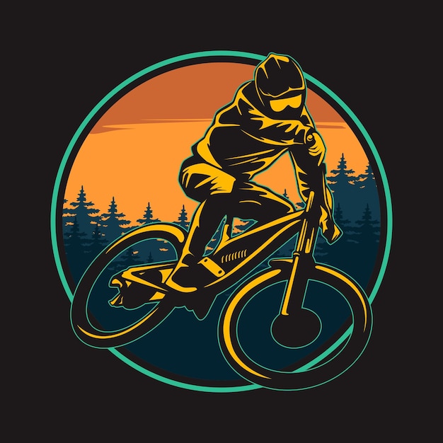 ilustración vectorial de bicicleta cuesta abajo en el fondo del bosque