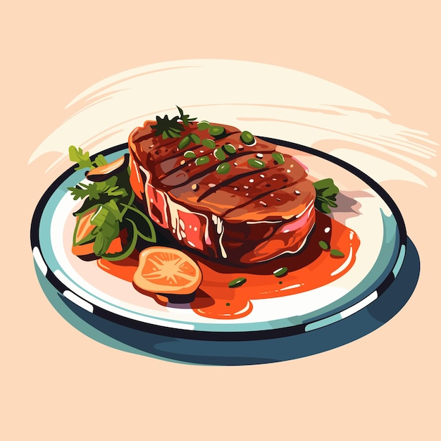 Vector ilustración vectorial de bistec a la parrilla y verduras en el plato