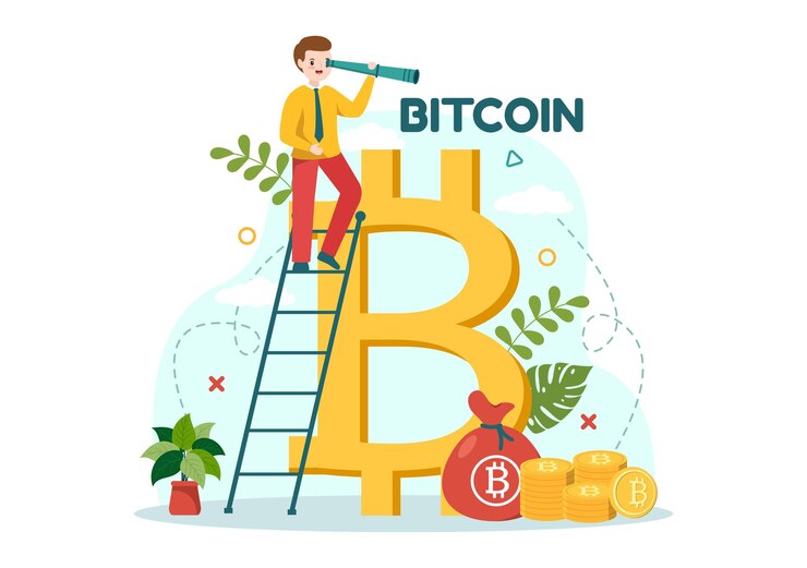 Vector ilustración vectorial de bitcoin con monedas de criptomoneda o venta de intercambio de mercado de criptomonedas