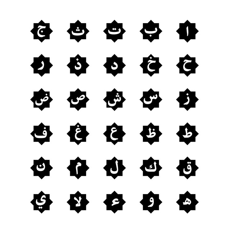 Ilustración vectorial en blanco y negro del alfabeto árabe con forma islámica