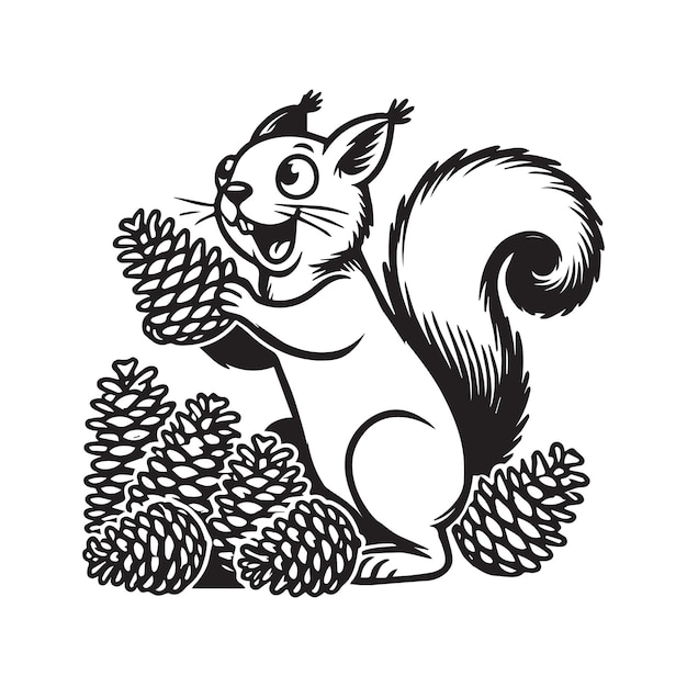Ilustración vectorial en blanco y negro de la ardilla Clipart A Pinecone Hoar