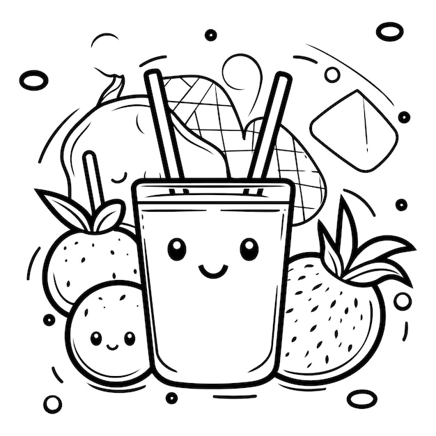 Vector ilustración vectorial en blanco y negro de un batido en un vaso con pajitas, frutas y cubos de hielo