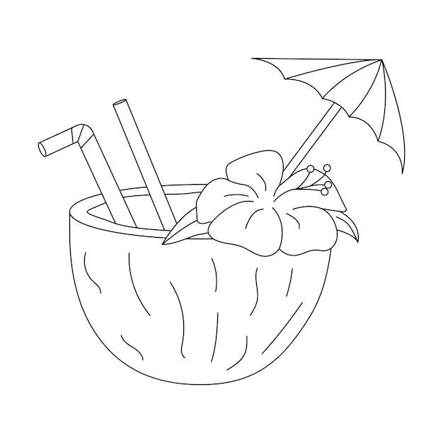 Ilustración vectorial en blanco y negro de una bebida fresca de verano de coco con una pajita
