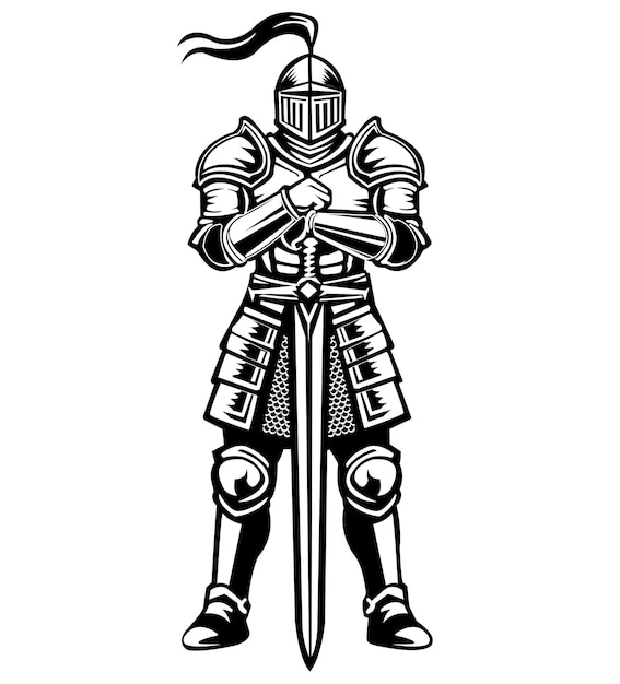 Ilustración vectorial en blanco y negro de un caballero en armadura sosteniendo una larga espada