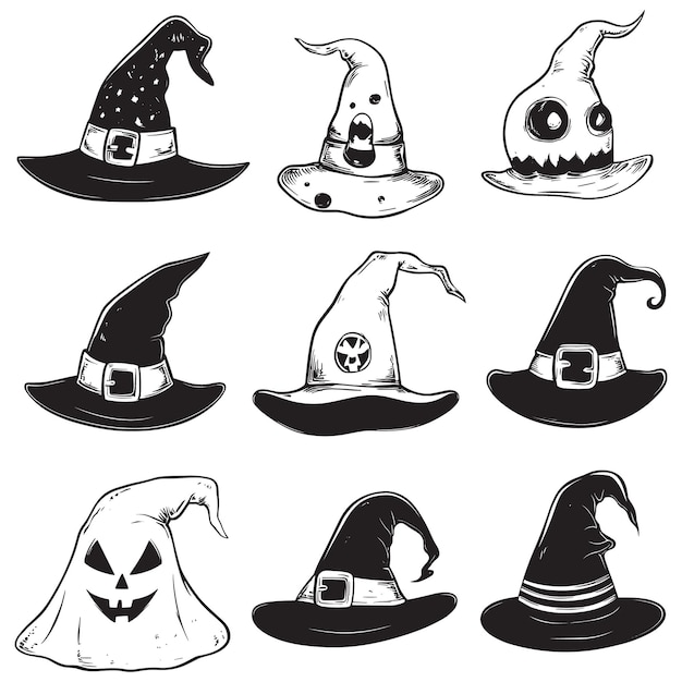 Una ilustración vectorial en blanco y negro del conjunto de sombreros de Halloween sobre un fondo blanco