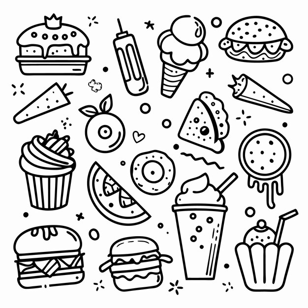 Ilustración vectorial en blanco y negro dibujada a mano de varios alimentos sobre un fondo blanco