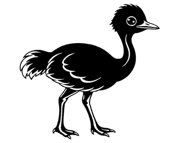 Ilustración vectorial en blanco y negro de un emú sobre un fondo blanco
