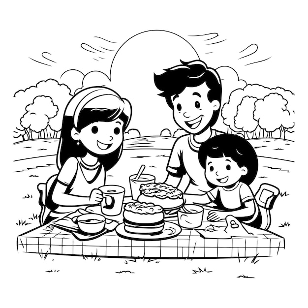 Ilustración vectorial en blanco y negro de una familia haciendo picnic en el parque