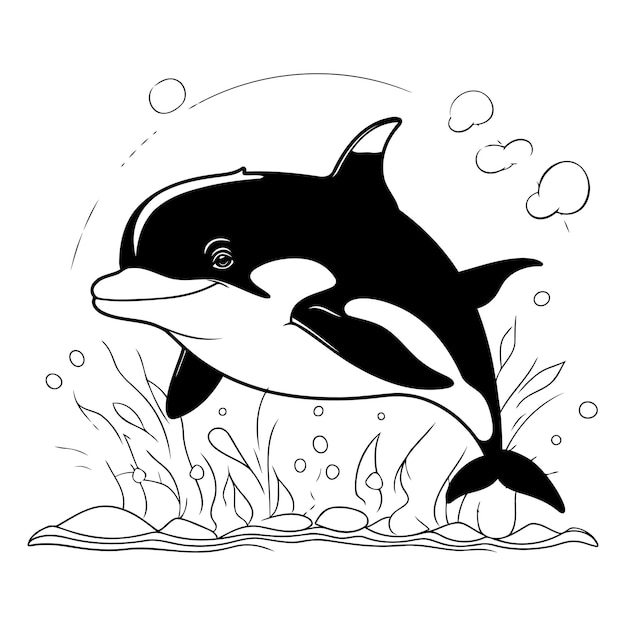 Vector ilustración vectorial en blanco y negro de una linda ballena asesina en el océano