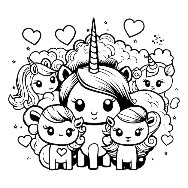 Vector ilustración vectorial en blanco y negro de una linda familia de unicornios libro de colorear para niños