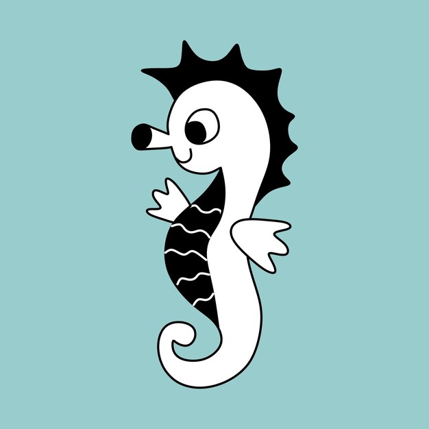 Ilustración vectorial en blanco y negro de un lindo caballo de mar de dibujos animados Imagen lineal del icono del caballo de Mar