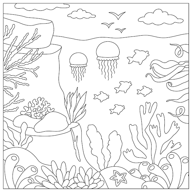 Vector ilustración vectorial en blanco y negro bajo el mar paisaje escena de la línea de vida del océano con arrecifes algas marinas piedras corales peces rocas agua cuadrada linda naturaleza de fondo página de colorear con cielo y solxa