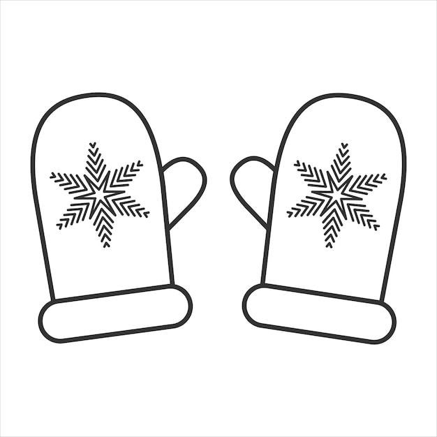 Ilustración vectorial en blanco y negro Mitones cálidos con un copo de nieve