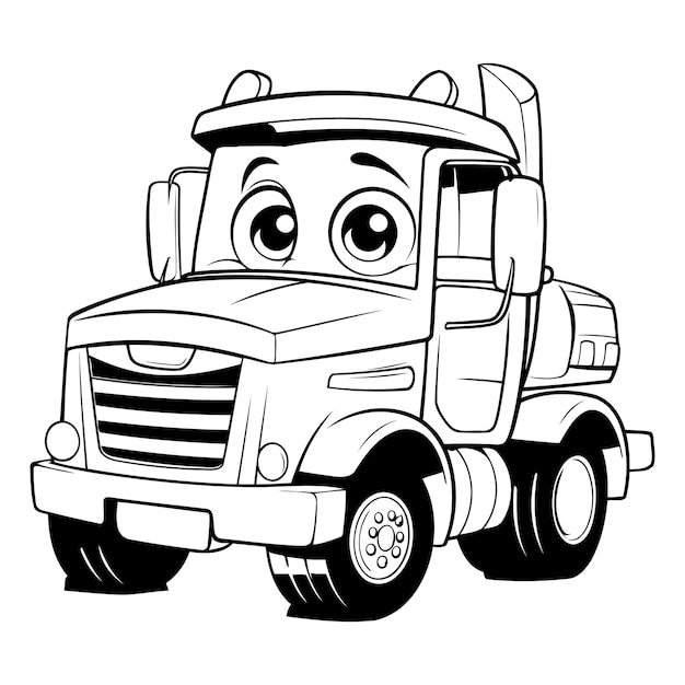 Ilustración vectorial en blanco y negro de un monstruoso camión de dibujos animados con ojos