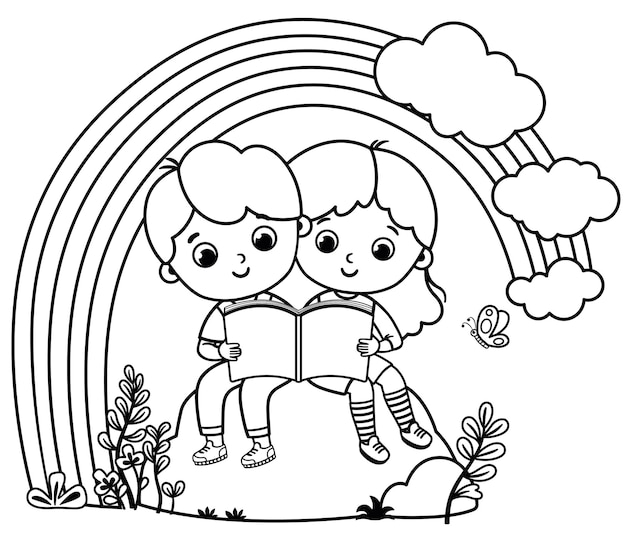 Vector ilustración vectorial en blanco y negro de niños sentados bajo el arco iris leyendo un libro