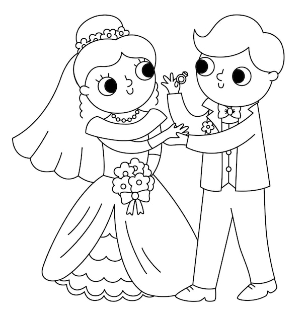 Ilustración vectorial en blanco y negro con la novia y el novio intercambiando anillos Una linda pareja recién casada Icono de la línea de la ceremonia de boda Página de colorear de dibujos animados de matrimonio con pareja de recién casados