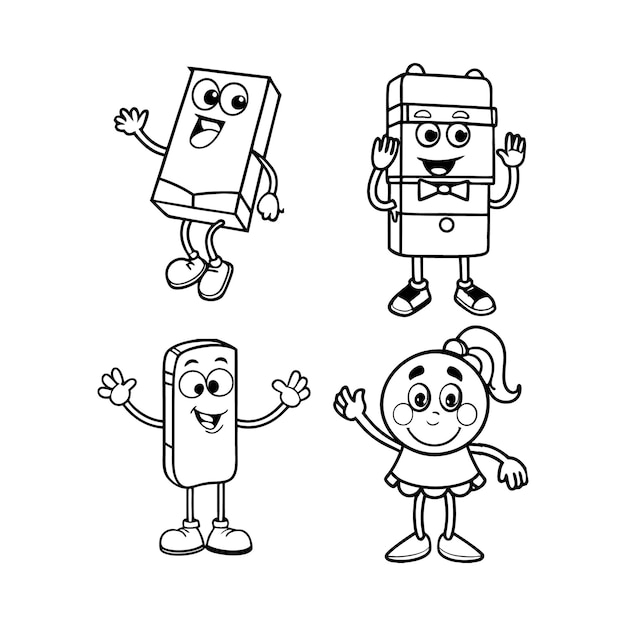 una ilustración vectorial en blanco y negro con ocho suministros escolares diferentes como