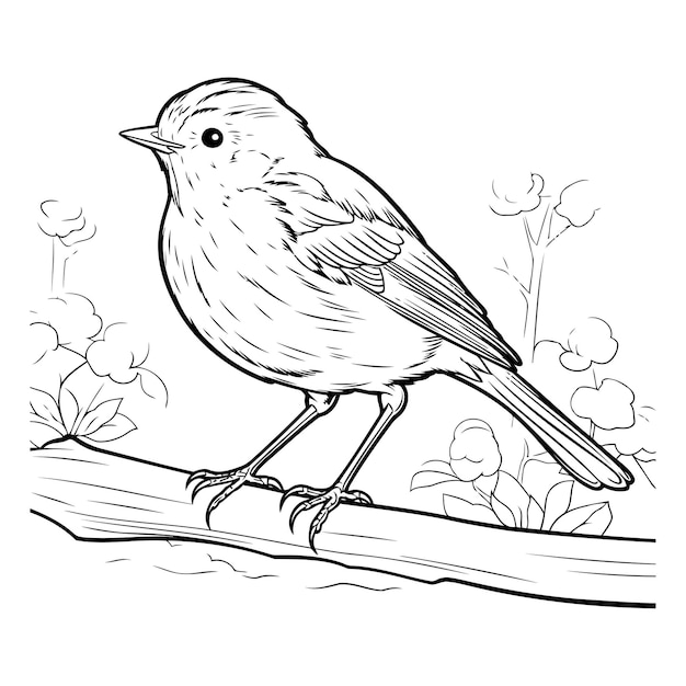 Ilustración vectorial en blanco y negro de un pájaro sentado en una rama