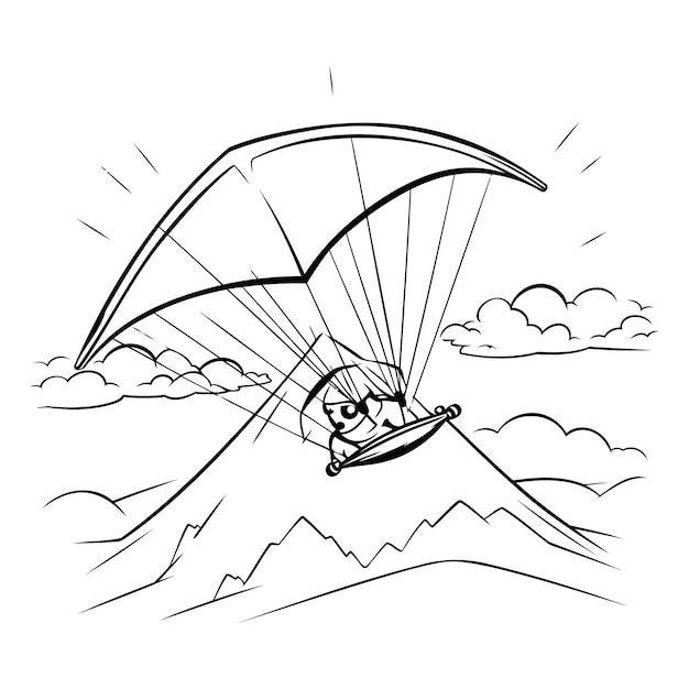 Vector ilustración vectorial en blanco y negro de un parapente volando en el cielo