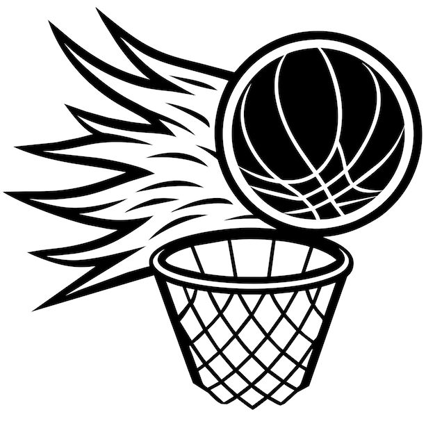 Ilustración vectorial en blanco y negro de una pelota de baloncesto en llamas volando hacia una canasta