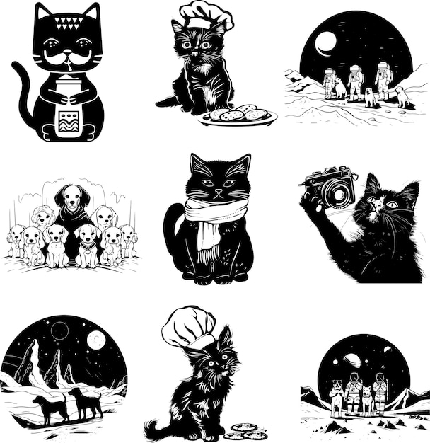 Vector ilustración vectorial en blanco y negro de silueta de gato y perro