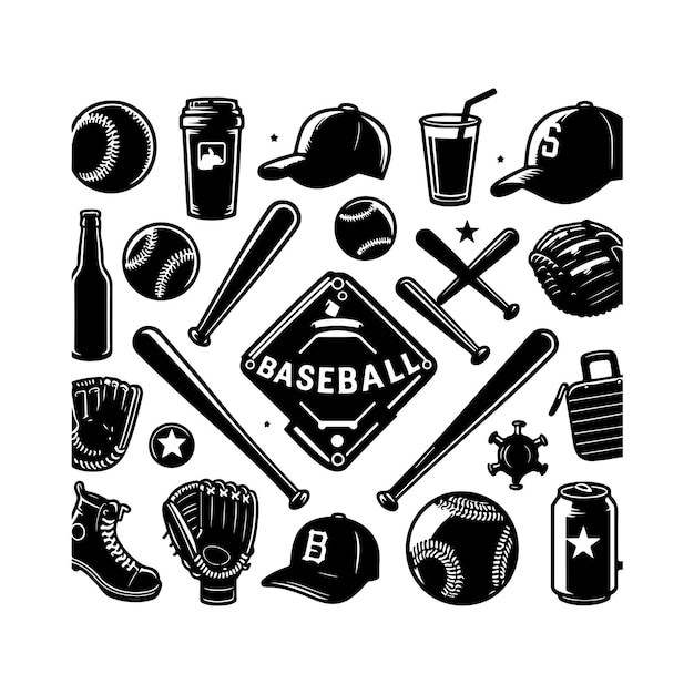 Ilustración vectorial en blanco y negro de la silueta de un jugador de béisbol vectorial