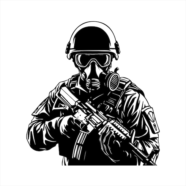 Ilustración vectorial en blanco y negro de un soldado