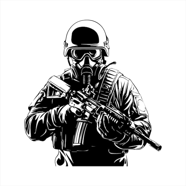 Ilustración vectorial en blanco y negro de un soldado