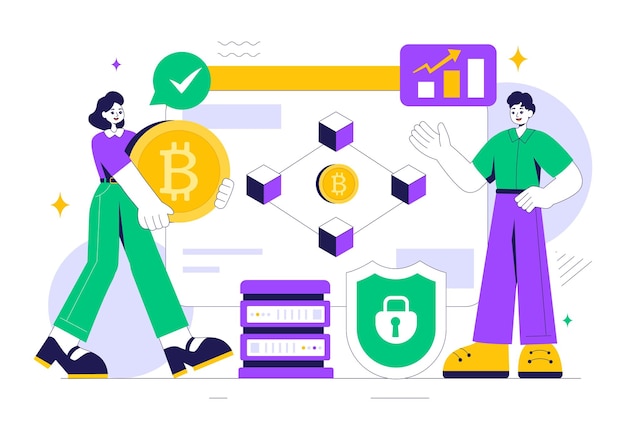 Ilustración vectorial de Blockchain con un arquitecto tecnológico trabajando en una computadora con gestión de la comunidad criptográfica y bloques de cubo en el fondo