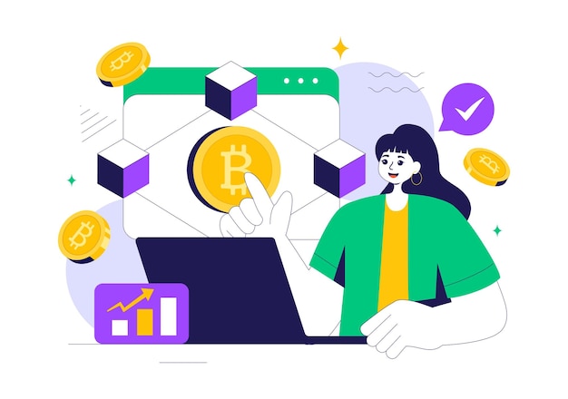 Ilustración vectorial de Blockchain con un arquitecto tecnológico trabajando en una computadora con gestión de la comunidad criptográfica y bloques de cubo en el fondo