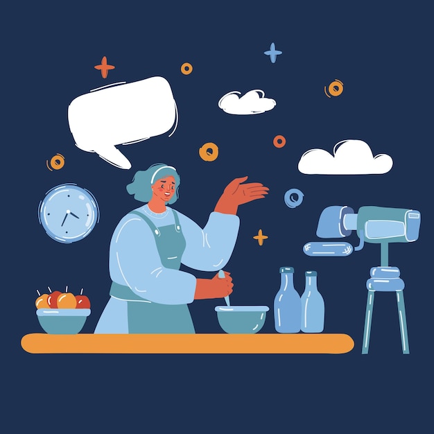 Ilustración vectorial de un blogger de cocina haciendo una reseña Un videoblogger popular con una influencia en la audiencia sobre un fondo oscuro
