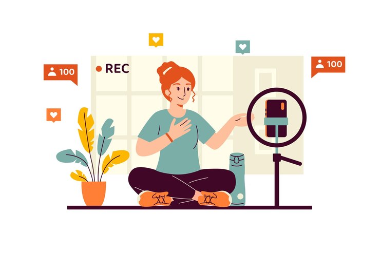 Vector ilustración vectorial de una bloguera de fitness grabando un video para sus seguidores en un teléfono inteligente