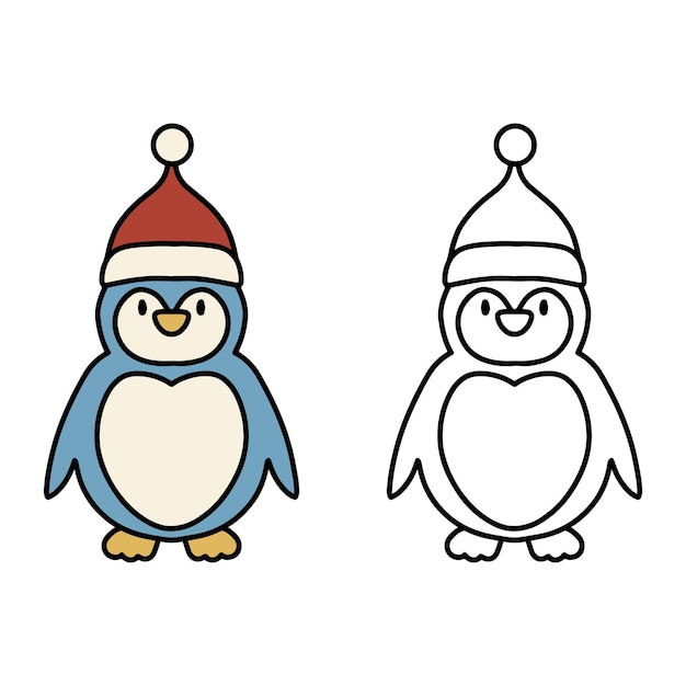Ilustración vectorial de Blue Xmas Penguin para libro o página de colorear para niños