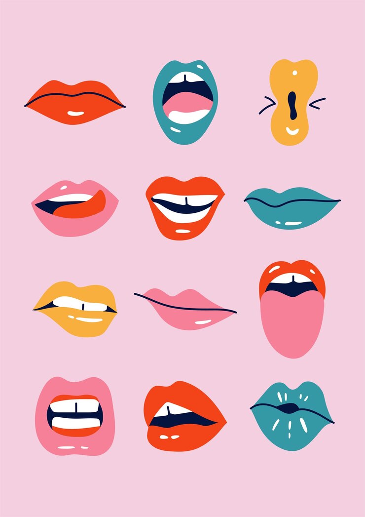 Ilustración vectorial bocas femeninas Lápiz labial colorido Varios de imitar emociones expresiones faciales Póster para imprimir