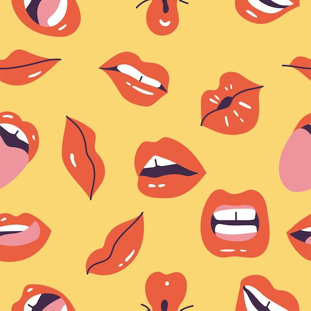 Ilustración vectorial bocas femeninas Lápiz labial rojo Patrón sin costuras con varias expresiones faciales de emociones mímicas