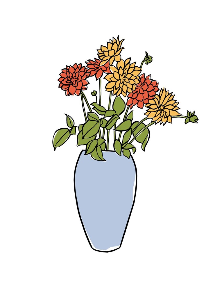 Ilustración vectorial boceto colorido con crisantemos rojos y amarillos flores con jarrón Arte para para impresiones arte de pared fondo de pancarta