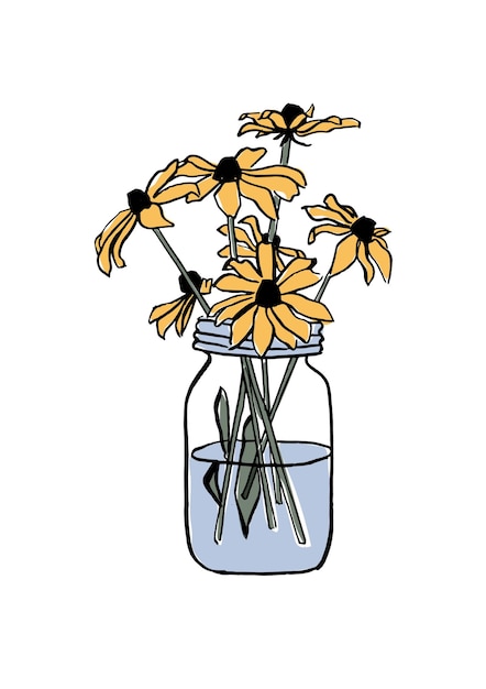 Ilustración vectorial boceto colorido con flores de equinácea en jarrón Arte para para impresiones arte de pared fondo de estandarte