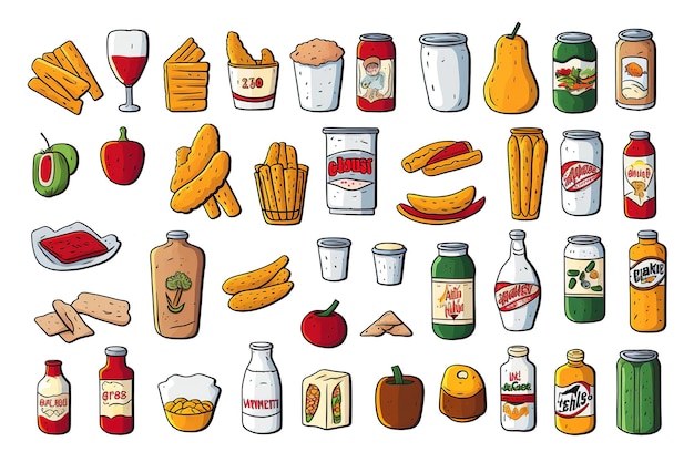 Ilustración vectorial de bocetos de alimentos para el desayuno aislada sobre un fondo blanco