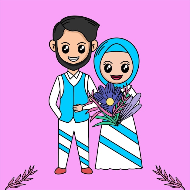 Ilustración vectorial de boda de dibujos animados con tema de plantas y flores