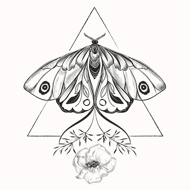 Ilustración vectorial boho con mariposa dibujada a mano Signo místico abstracto Tatuaje o arte mágico