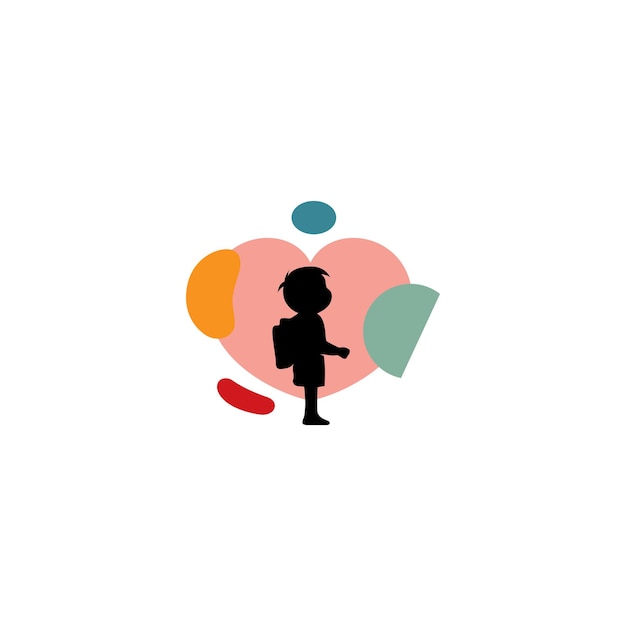 Ilustración vectorial boho silueta de un niño pequeño llevando una bolsa escolar con un fondo de corazón