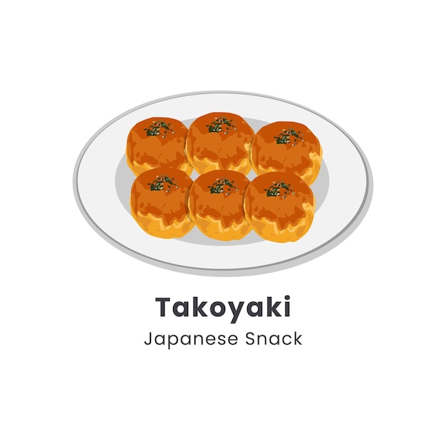 Ilustración vectorial de la bola Takoyaki o las bolas de pulpo en el plato de bocadillos japoneses