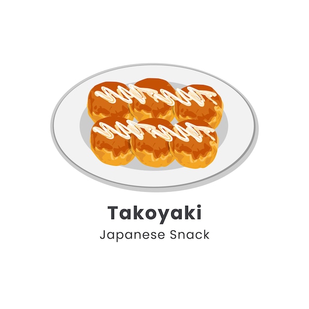 Ilustración vectorial de la bola Takoyaki o las bolas de pulpo en el plato de bocadillos japoneses