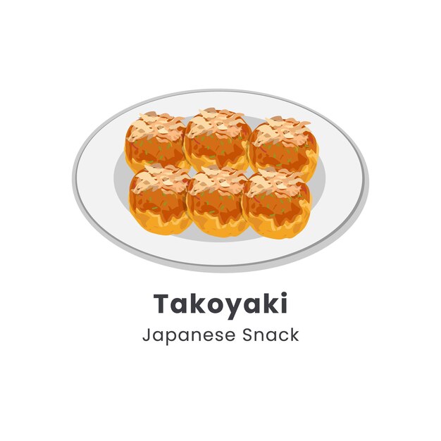 Ilustración vectorial de la bola Takoyaki o las bolas de pulpo en el plato de bocadillos japoneses